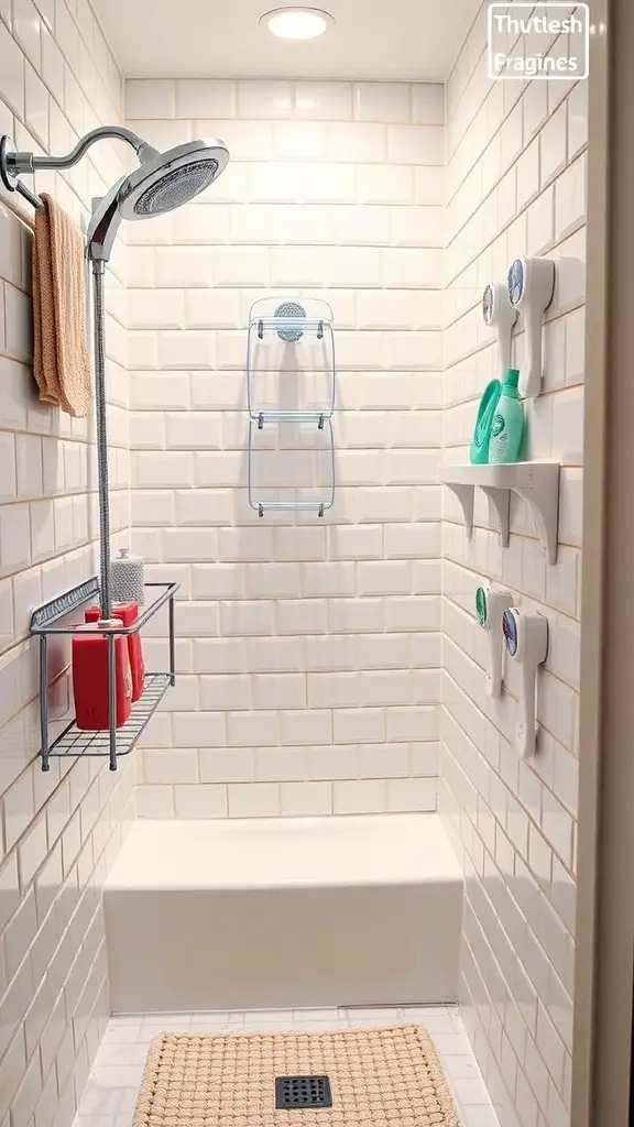 A modern shower with wall-mounted storage and a clean design.
