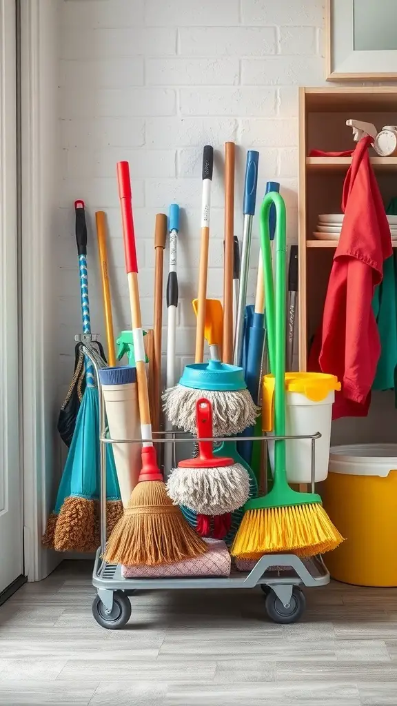 A rolling cart filled with various cleaning tools like mops, brooms, and buckets, organized for easy access.