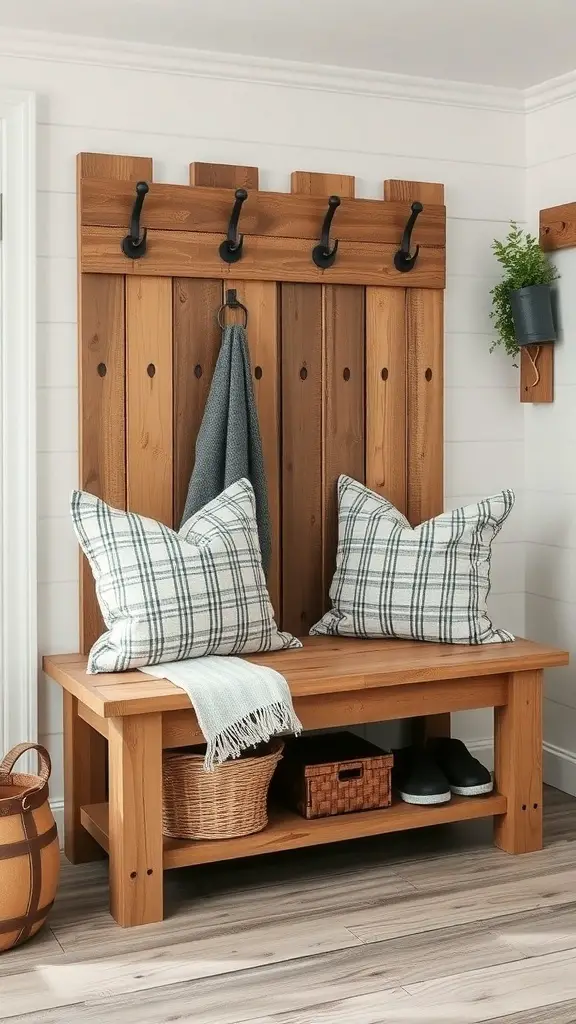 25+ Inspiring DIY Mudroom Bench Ideas to Revamp Your Space 8 A rustic farmhouse mudroom bench with a wooden backrest, hooks, plaid pillows, and storage underneath.