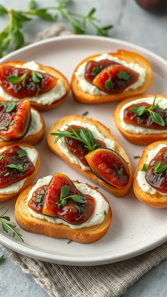 A plate of herbed goat cheese and fig crostini topped with fresh herbs.