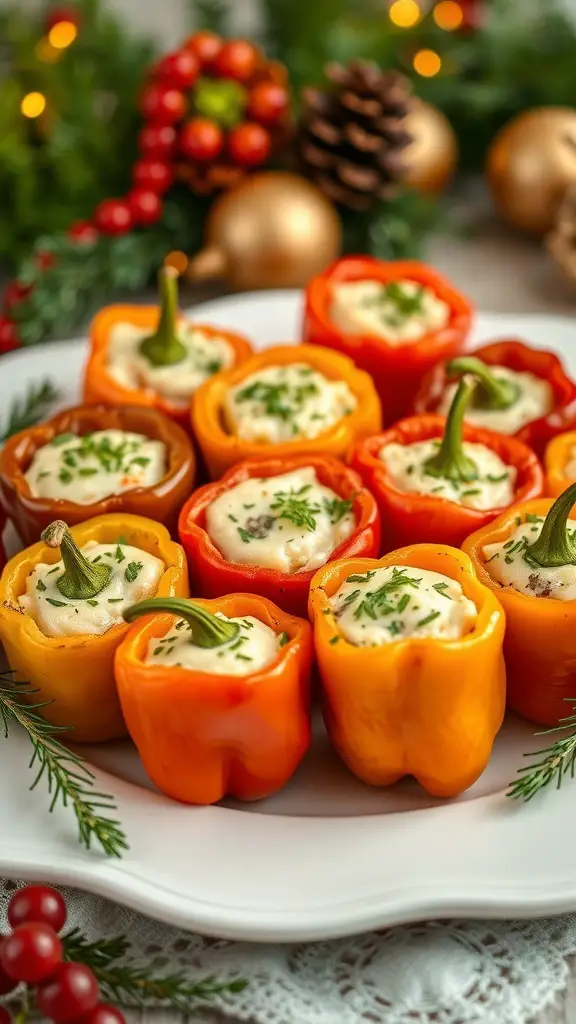 A plate of stuffed mini peppers with cream cheese filling, garnished with herbs, set against a festive holiday backdrop.