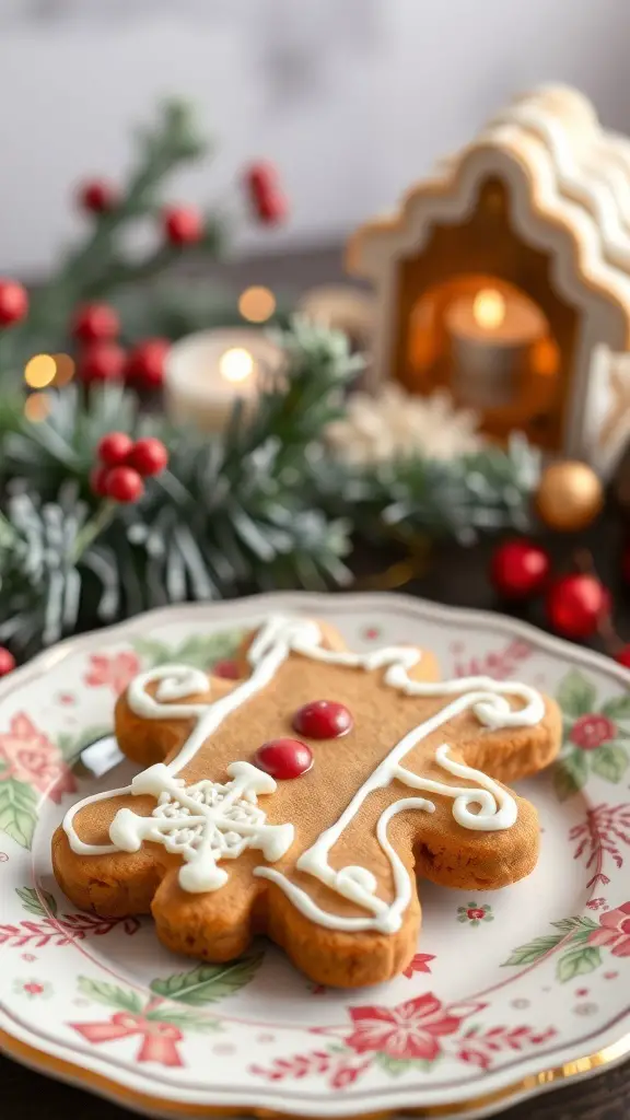 23+ Delightful Christmas Sweet Ideas You Must Try This Holiday Season 9 A decorated gingerbread cookie on a festive plate, surrounded by holiday decorations.