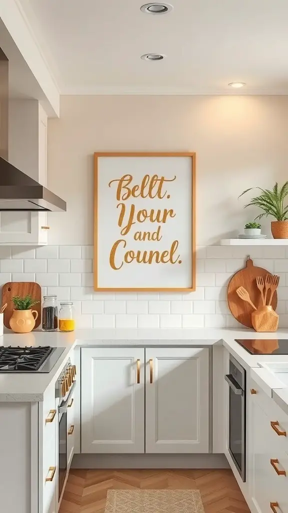A cream and gold wall art piece in a modern kitchen, featuring a playful phrase.