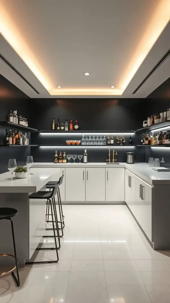 A modern minimalist home bar with a white countertop, dark shelves, and warm lighting.