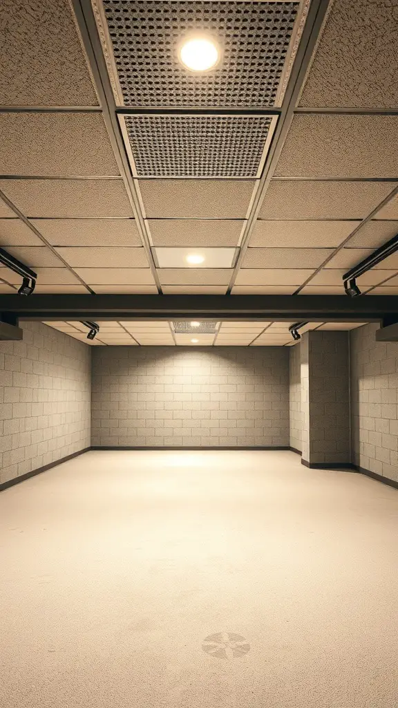 A view of an empty basement with acoustic ceiling tiles and lights.