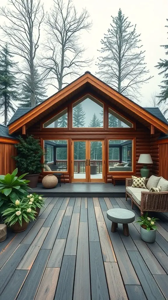 A cozy wooden cabin surrounded by trees, featuring large windows and a deck with plants.