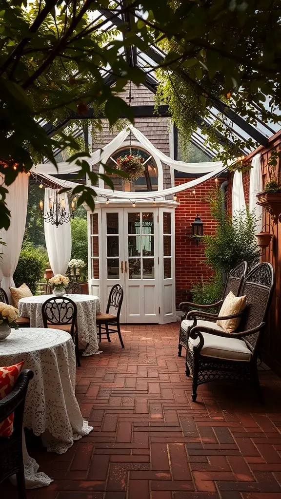 27+ Enchanting for a Garden Wedding Ideas Celebration 10 A cozy garden reception area with vintage decor, featuring lace tablecloths, comfortable seating, and a glass structure.