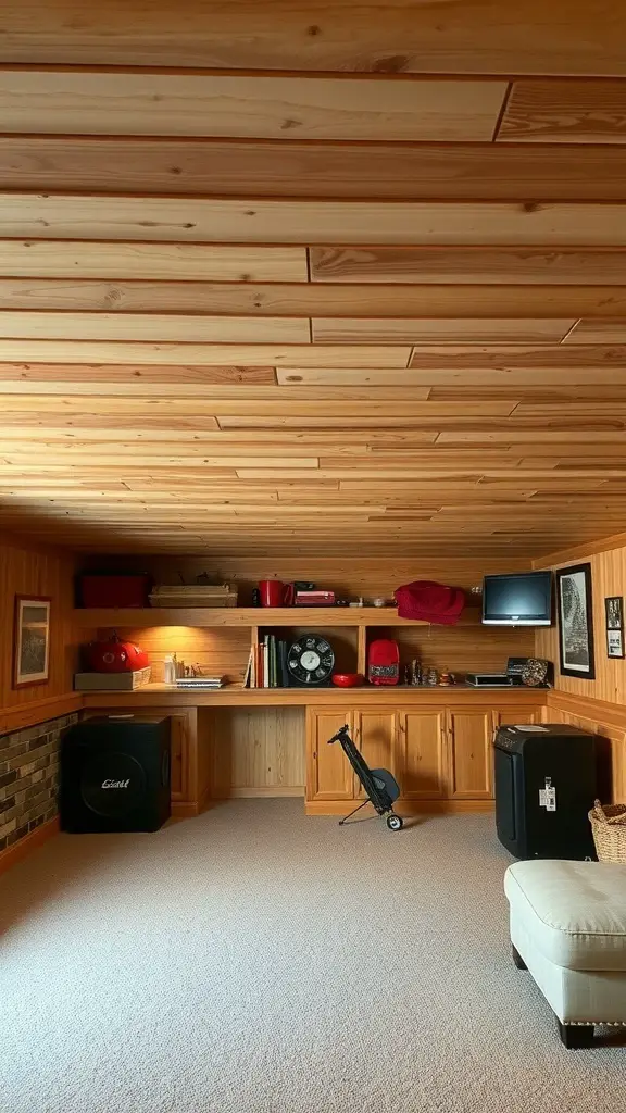 A cozy basement with a wood plank ceiling, featuring a warm color palette and stylish decor.