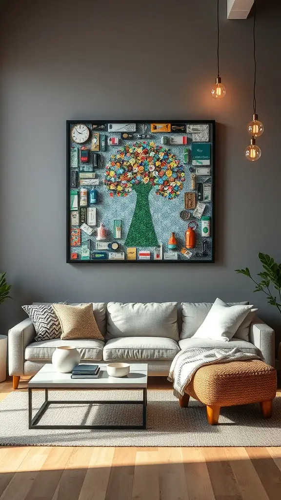 29+ Creative Dollar Tree DIY Crafts You Need to Try 14 Colorful tree wall art made from various materials, displayed in a modern living room setting.