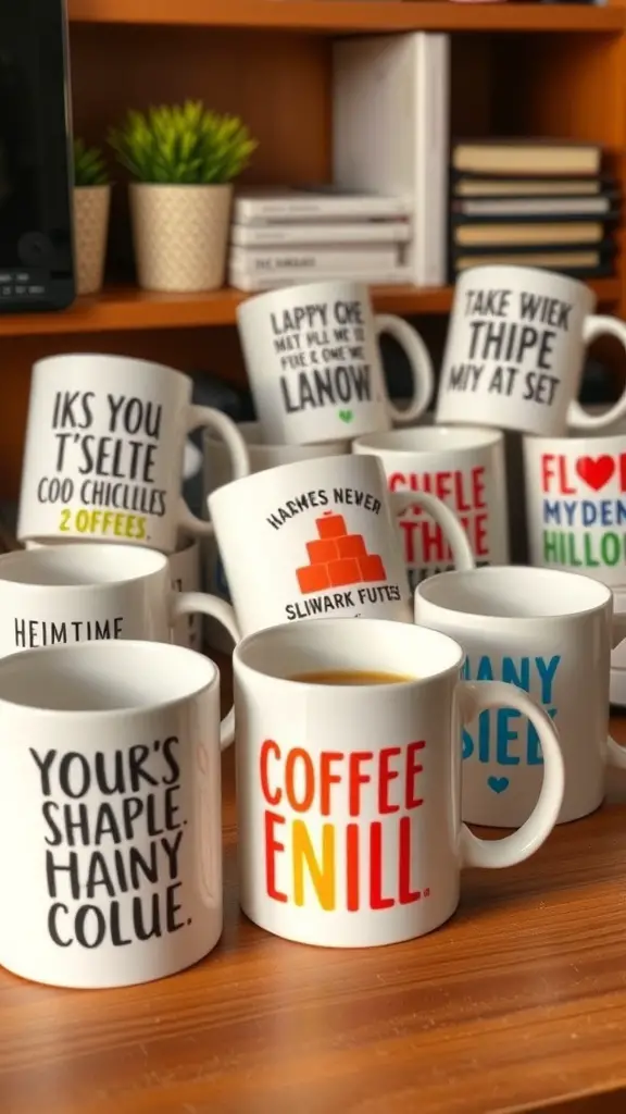27+ Creative Dollar Tree Gifts for Your Coworkers 8 A collection of personalized coffee mugs with various fun phrases and designs.
