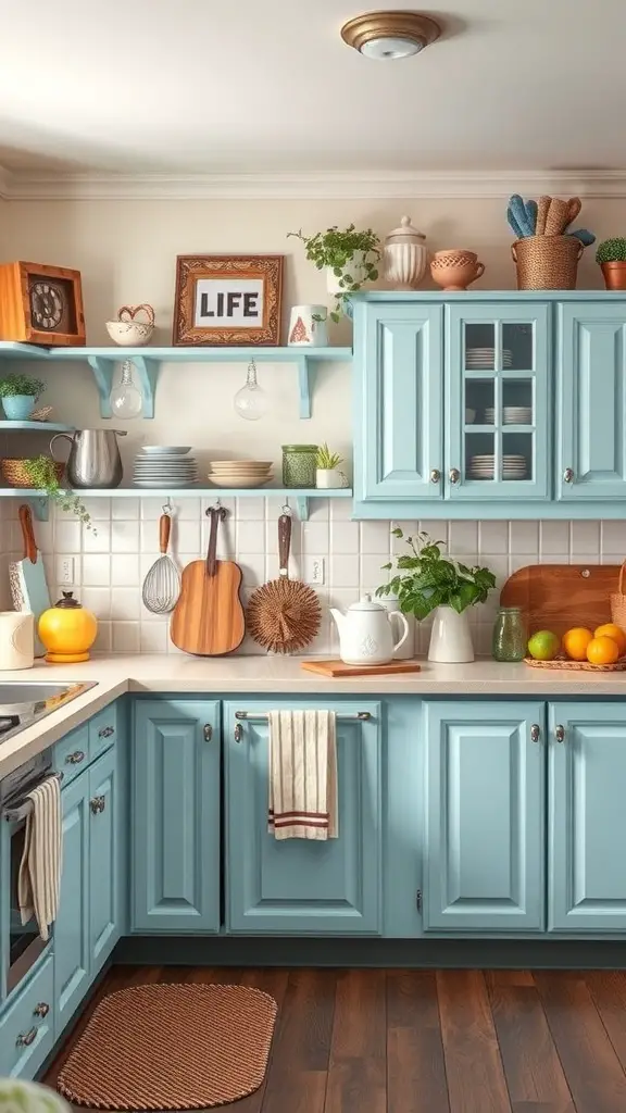 25+ Gorgeous Kitchen Cabinet Colors to Transform Your Space 14 A cozy kitchen featuring pastel blue cabinets, wooden flooring, and decorative elements like plants and colorful dishware.