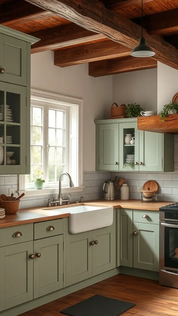 25+ Gorgeous Kitchen Cabinet Colors to Transform Your Space 10 A cozy kitchen featuring rustic sage green cabinets and wooden beams.
