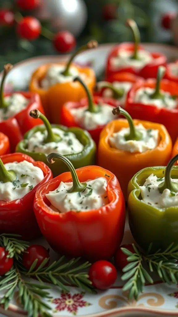 A platter of colorful stuffed mini peppers filled with creamy cheese and herbs, surrounded by festive decorations.