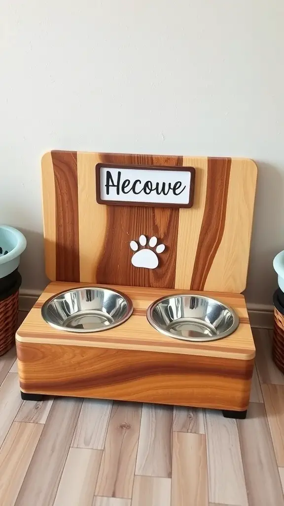23+ Creative Dollar Tree Cutting Board Crafts You Can Make 10 Personalized wooden pet feeding station with two bowls and a nameplate