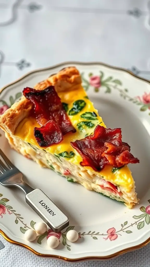 Slice of Classic Quiche Lorraine with Bacon on a floral plate