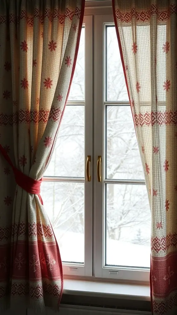 29+ Creative Winter Window Decoration Ideas for a Cozy Home 12 Cozy winter curtains with snowflake patterns framing a snowy window
