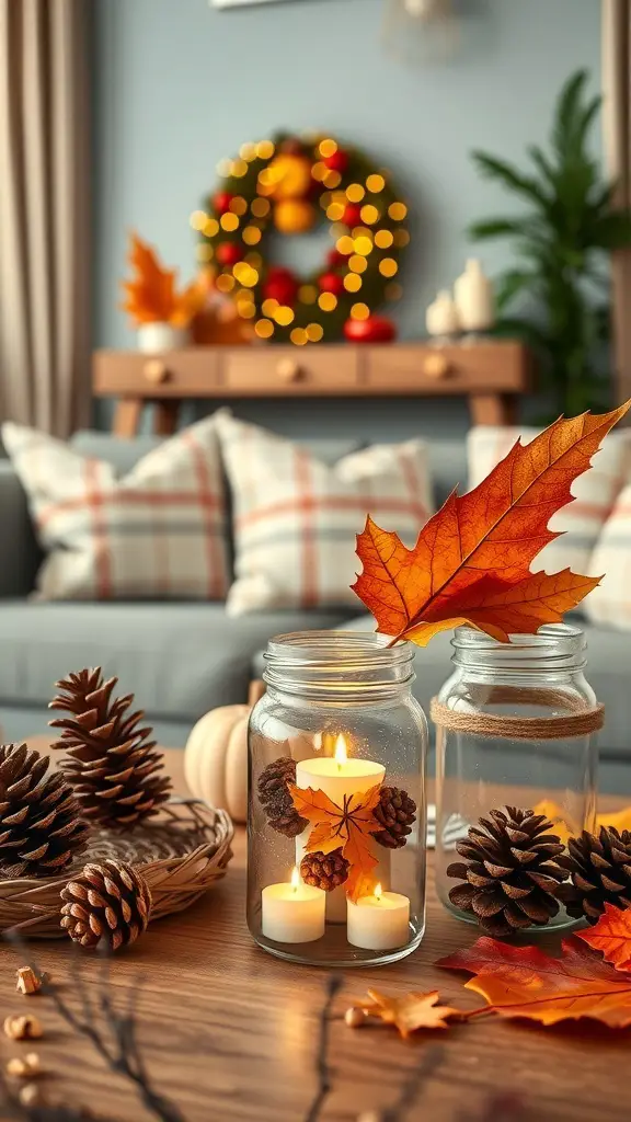 27+ Creative Mason Jar Storage Ideas for a Clutter-Free Home 4 Mason jars filled with candles, pinecones, and autumn leaves on a wooden table.