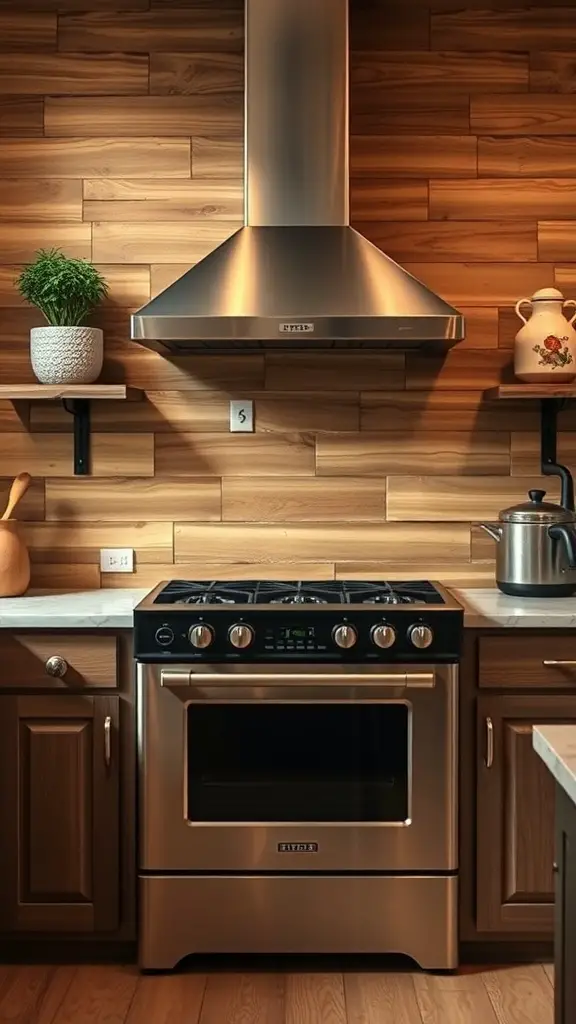 27+ Inspiring Stove Backsplash Ideas You’ll Love 7 A kitchen featuring rustic wood planks as a backsplash, with a modern stove and shelves.