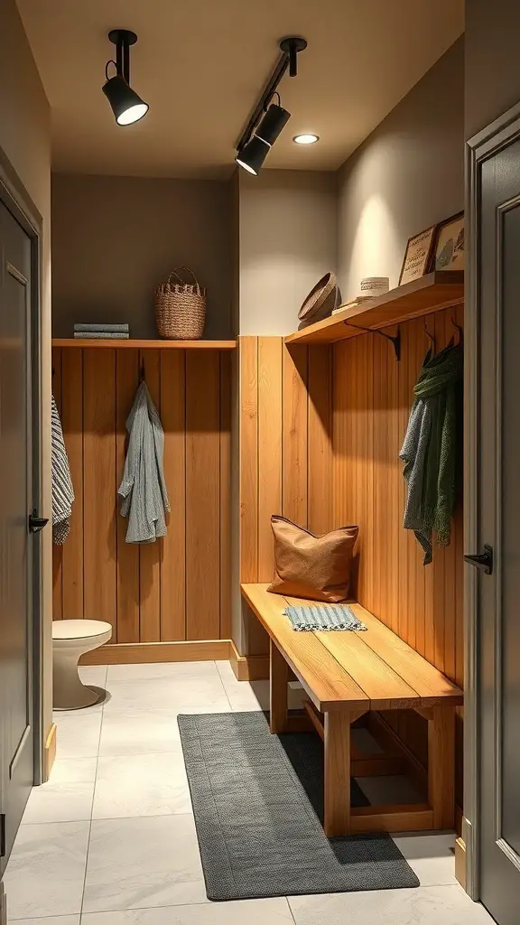 25+ Stylish Mudroom Lighting Ideas to Illuminate Your Space 11 A mudroom featuring adjustable track lighting, wooden accents, and a cozy design.