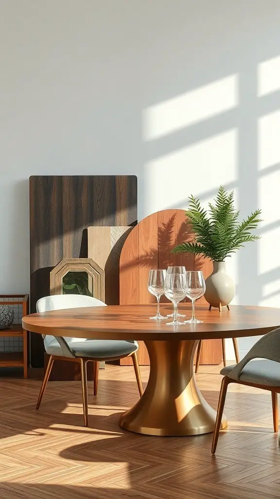 A modern oval dining table with a wooden top and golden base, surrounded by stylish chairs and decorative elements.