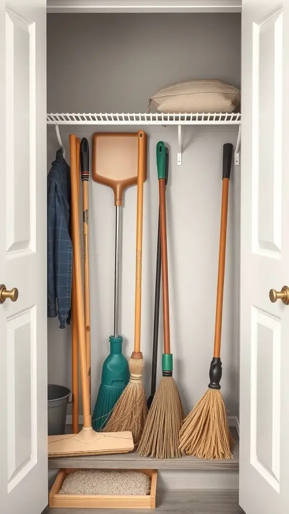 A dedicated closet for cleaning supplies featuring brooms, a mop, and a dustpan organized neatly.