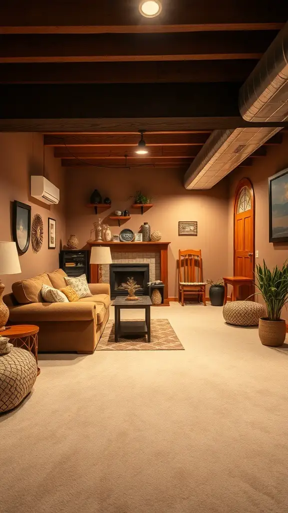 Cozy basement with warm colors, comfortable seating, and inviting decor.