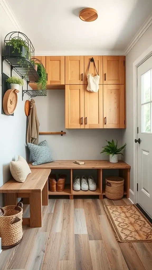 Eco-friendly mudroom with wooden cabinets, bench, and plants