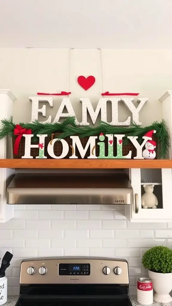 29+ Creative Christmas Decor Ideas for Above Kitchen Cabinets 13 Decorative display above kitchen cabinets featuring the words 'Family' and 'Home' with holiday accents.