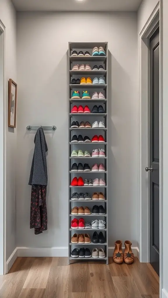A tall, slim shoe rack with various shoes displayed in a narrow hallway.