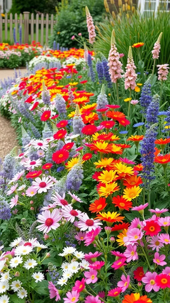 A vibrant flower border featuring a mix of colorful flowers including daisies, gerbera, and lavender.