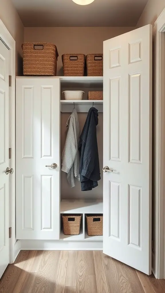 Organized mudroom closet with open doors showing hooks and baskets