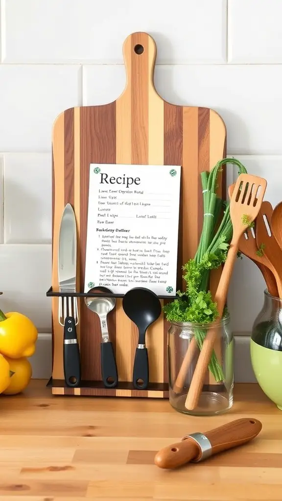 23+ Creative Dollar Tree Cutting Board Crafts You Can Make 4 A DIY recipe holder made from a cutting board, displaying a recipe card and kitchen utensils.