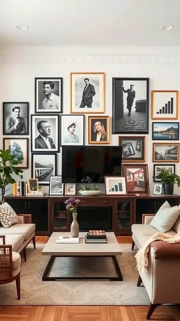 Eclectic gallery wall with black-and-white portraits and artistic prints in a boho living room