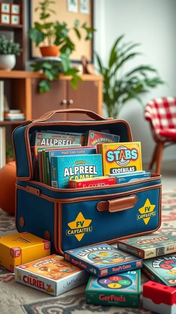 A portable board game carrier filled with various board games, set in a cozy room.