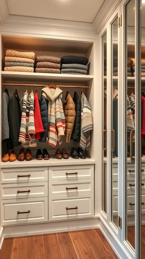29+ Creative Sweater Storage Ideas to Maximize Your Closet Space 13 A well-organized built-in closet with folded sweaters on shelves, hanging coats, and shoes.