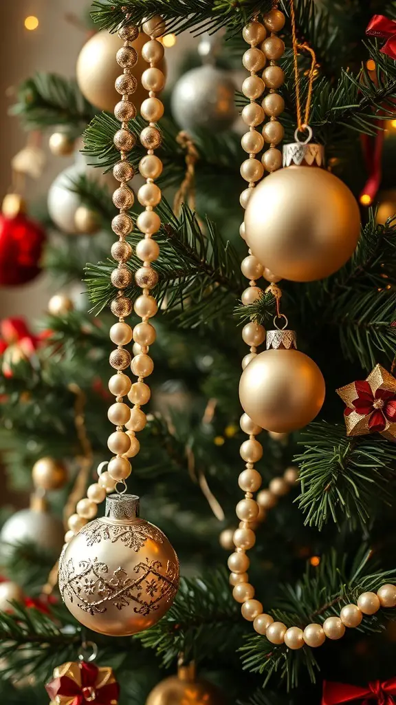 27+ Stunning Pearl Christmas Tree Decorations for a Glamorous Holiday Look 8 A beautifully decorated Christmas tree with vintage pearl decorations and golden ornaments.