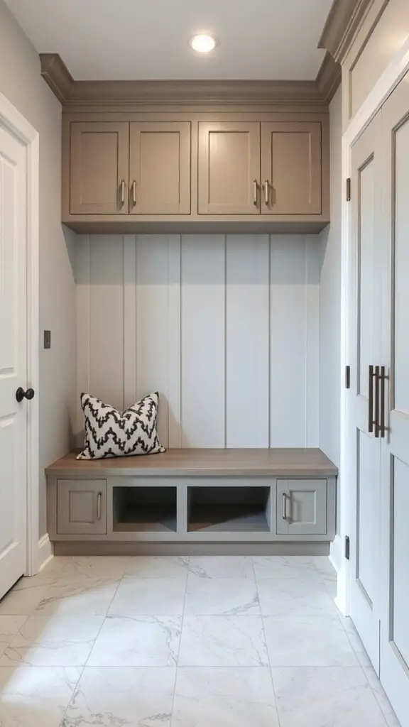 Stylish mudroom with bench and storage cabinets