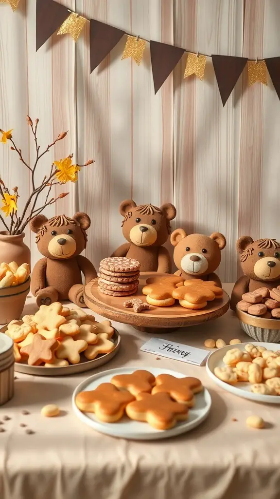 27+ Adorable Bear Baby Shower Ideas for the Perfect Celebration 8 A bear-themed snack table with cookies and bear decorations.