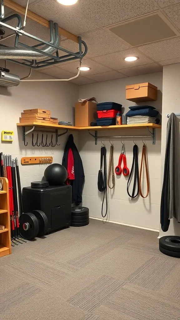 A well-organized basement gym corner with shelves and hooks for storage.