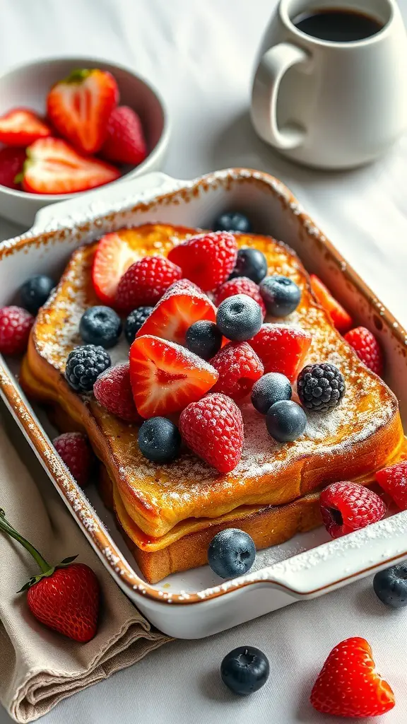 A serving of baked French toast topped with fresh strawberries, blueberries, and raspberries, served with a cup of coffee.