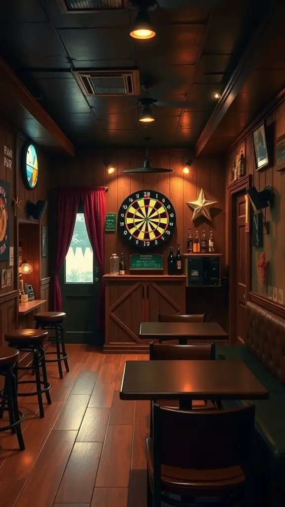 A cozy basement pub with wooden decor, a dartboard, and a bar area.
