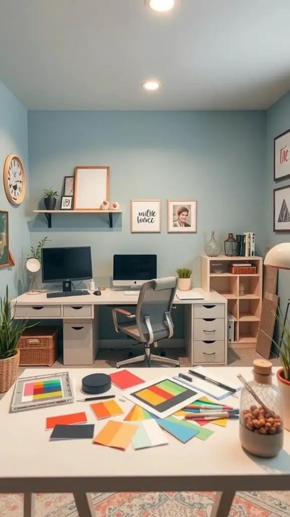 27+ Inspiring Basement Office Ideas for Ultimate Productivity 9 A cozy basement office with a blue wall, two monitors, and colorful materials on the desk.