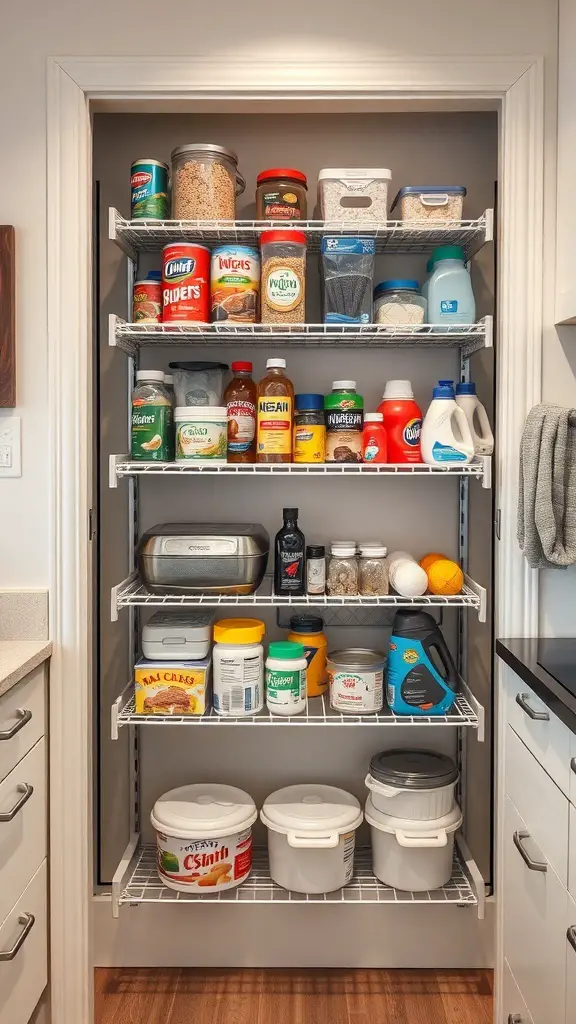 Organized pantry door with shelves filled with jars and containers
