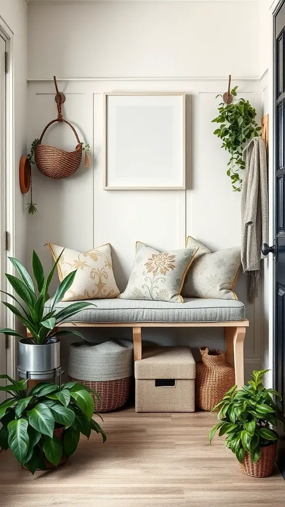 27+ Mudroom Ideas to Elevate Your Space 8 A cozy mudroom bench with decorative pillows, surrounded by plants and storage baskets.