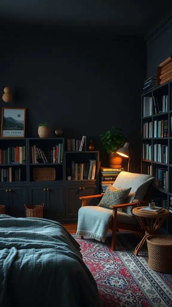 31+ Dark Boho Bedroom Ideas 10 A cozy reading nook in a dark boho bedroom with a comfortable chair, bookshelves, and warm lighting.