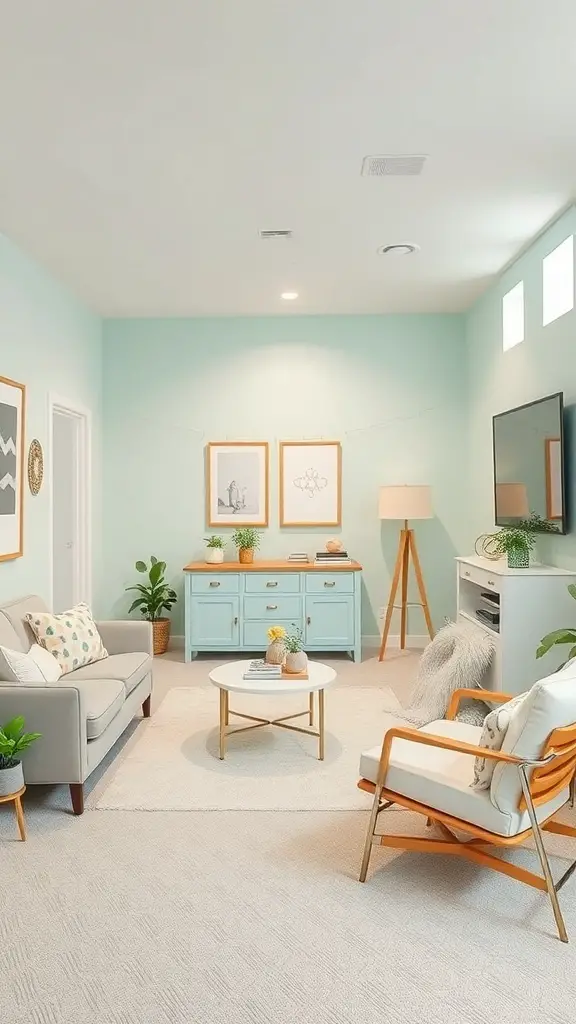 A bright and airy basement with pale mint walls, light furniture, and plants.