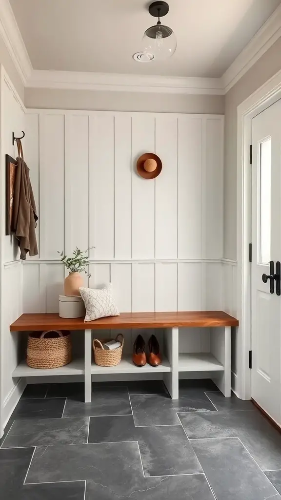 25+ Stylish Mudroom Tile Floor Ideas You’ll Love 13 Mudroom featuring slate tile floor, wooden bench, and light-colored walls