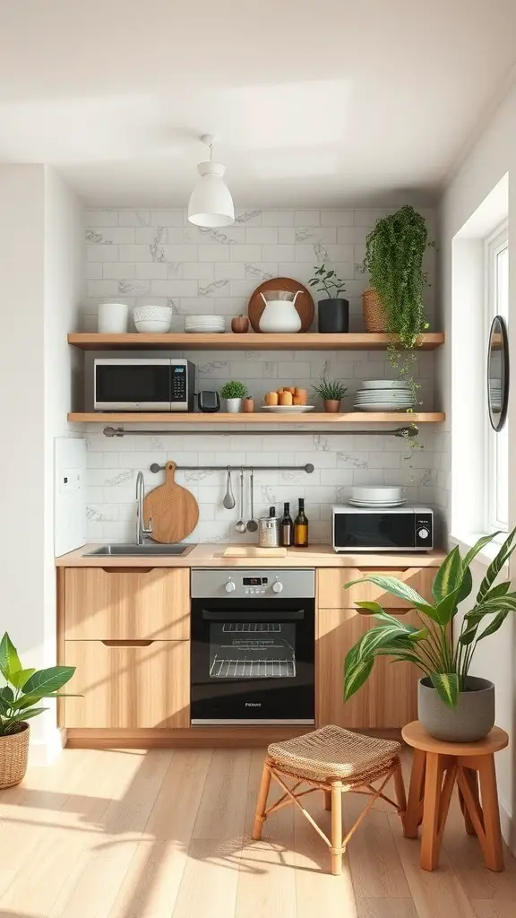 A modern kitchenette with wooden cabinetry, energy-efficient appliances, and plants for an eco-friendly touch.
