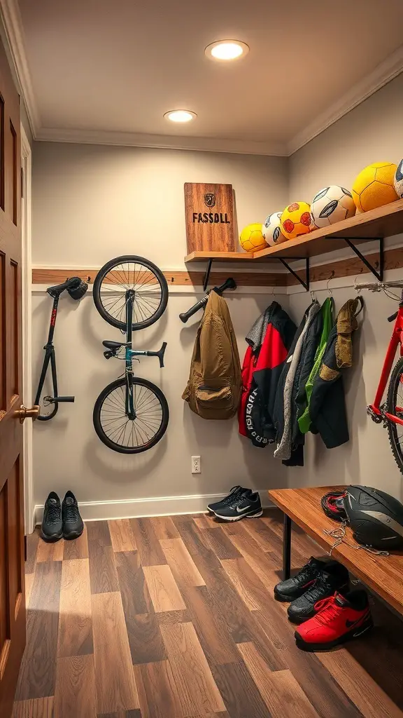 A mudroom with organized sports equipment storage, featuring bikes, jackets, sports balls, and a bench.