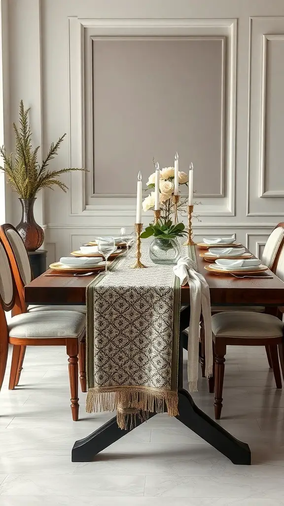 23+ Stunning Dining Table Centerpiece Ideas 10 A chic dining table with a patterned table runner, candles, and flowers.